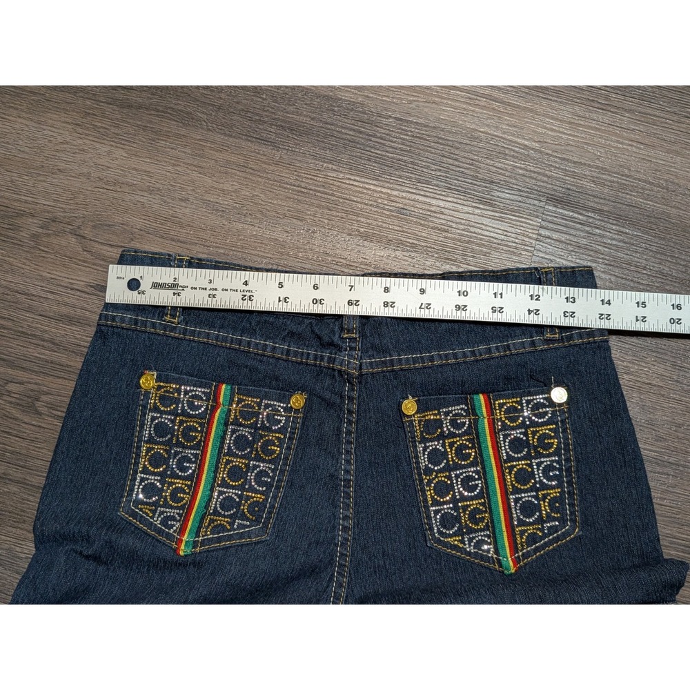 Coogi Womens Cargo Jeans‎ Dark Wash Embroidered Rhinestone Rasta Stripe Size 16 - Picture 7 of 7